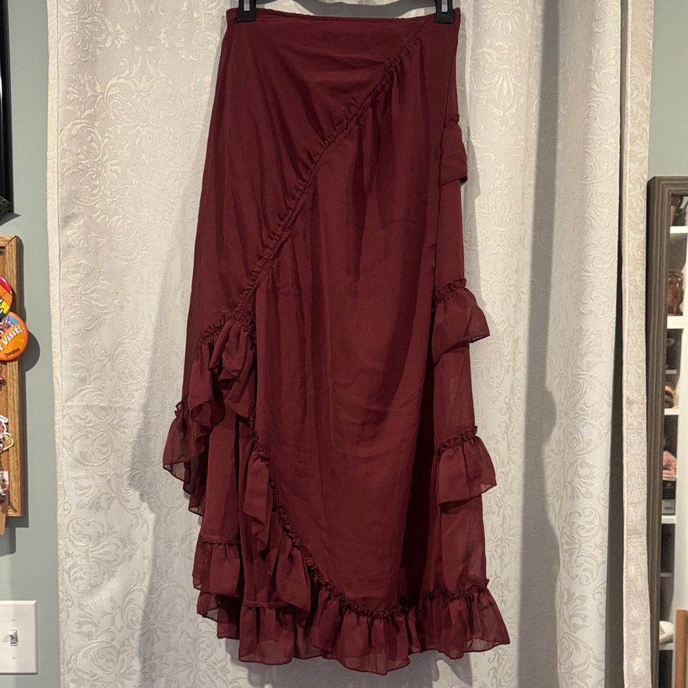 Cider Deep Red Asymmetrical Ruffle Skirt